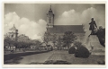 Békéscsaba, Kossuth tér 1950 - evangélikus kistemplom, motorvonat állomás, evangélikus nagytemplom, halászlányos kút, Kossuth szobor 