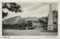 Békéscsaba, Szent István tér - 1942 Laszky-ház, postapalota, 101-es emlékmű, taxik, postakocsi (3 db ff)